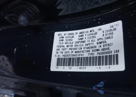 2017 Honda Accord Lx из США, поврежденный, VIN 1HGCR2F35HA278741